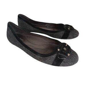 L.L. Bean Womens 8.5M Black Herringbone Tweed Ballet Flats Buckle Detail Preppy
